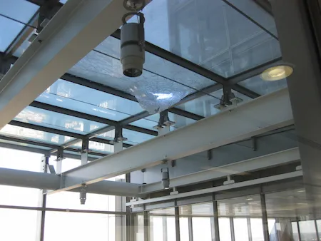 Glass roof with hole from impact damage